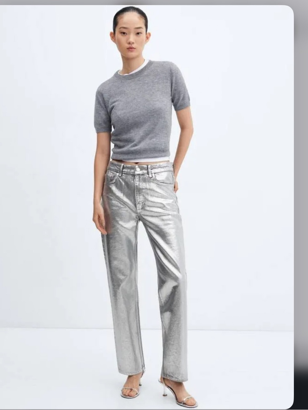 Women's Mango Mng $90 Silver Straight Foil Jeans Sz 40/ Sz 8